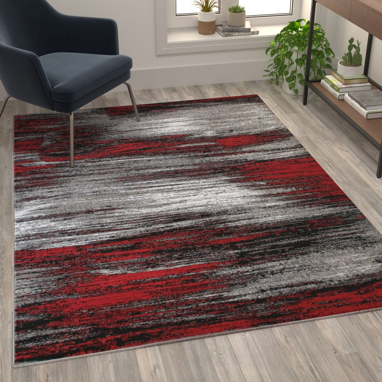 Rylan Collection 5' x 7' Red Scraped Design Area Rug - Olefin Rug with Jute Backing