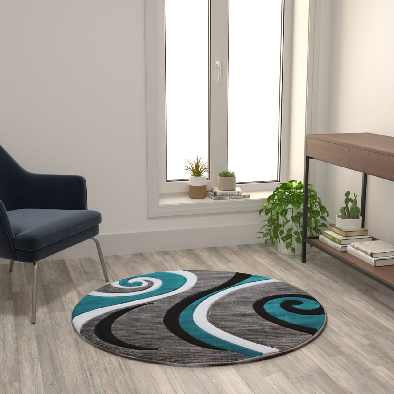 Athos Collection 4' x 4' Turquoise Abstract Area Rug - Olefin Rug with Jute Backing