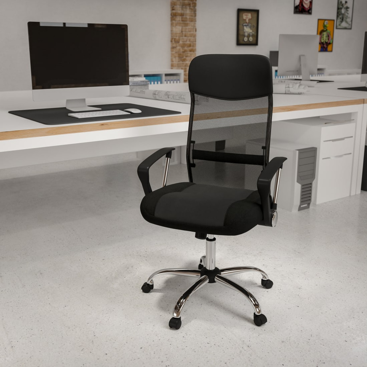 High Back Black Leather and Mesh Swivel Task  Chair with Arms