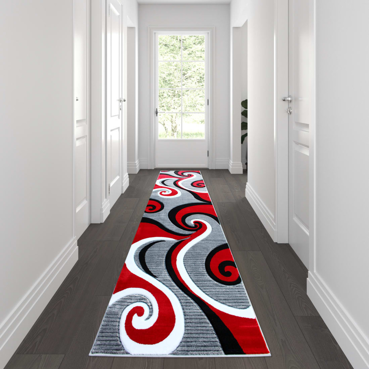 Athos Collection 3' x 10' Red Abstract Area Rug - Olefin Rug with Jute Backing