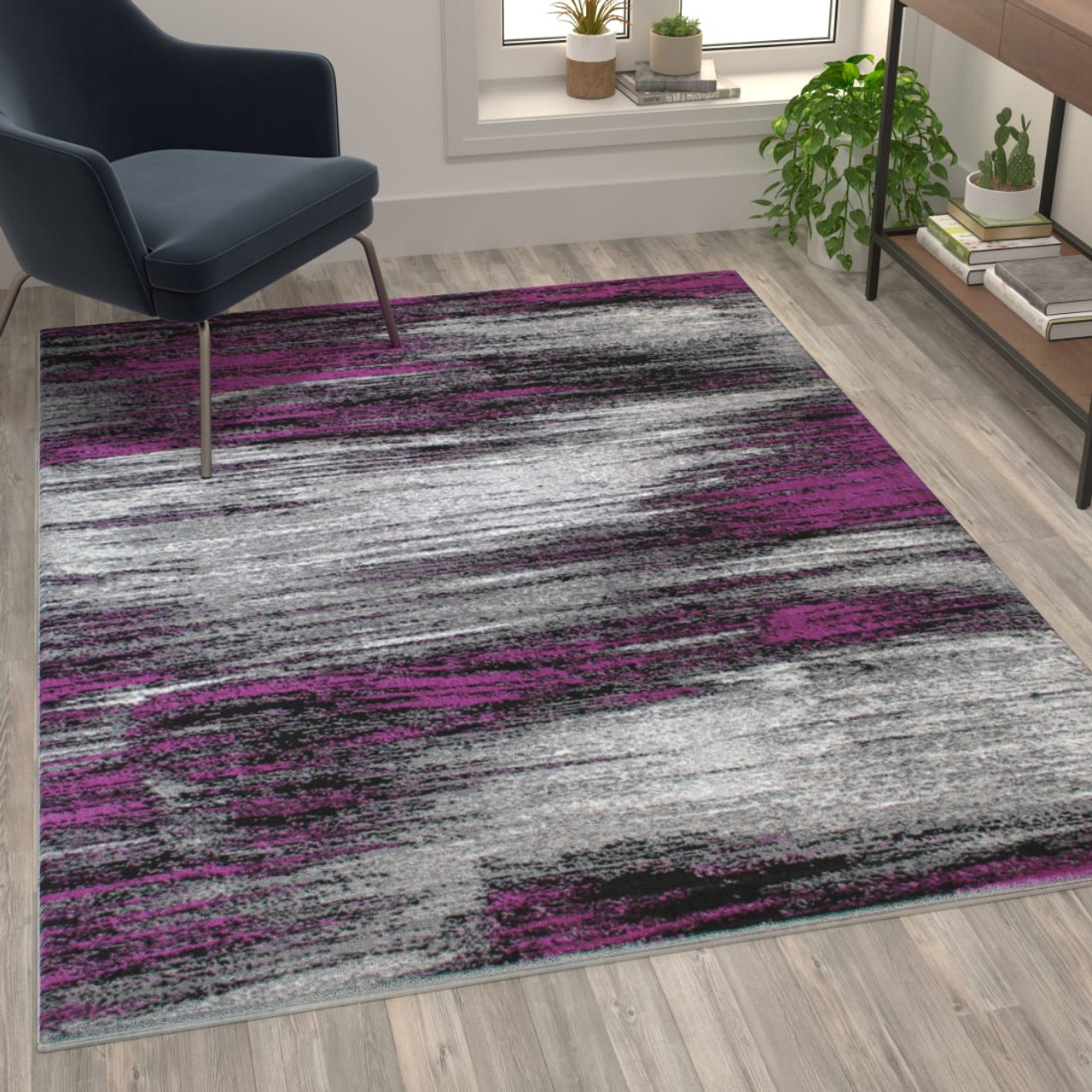 Rylan Collection 5' x 7' Purple Scraped Design Area Rug - Olefin Rug with Jute Backing