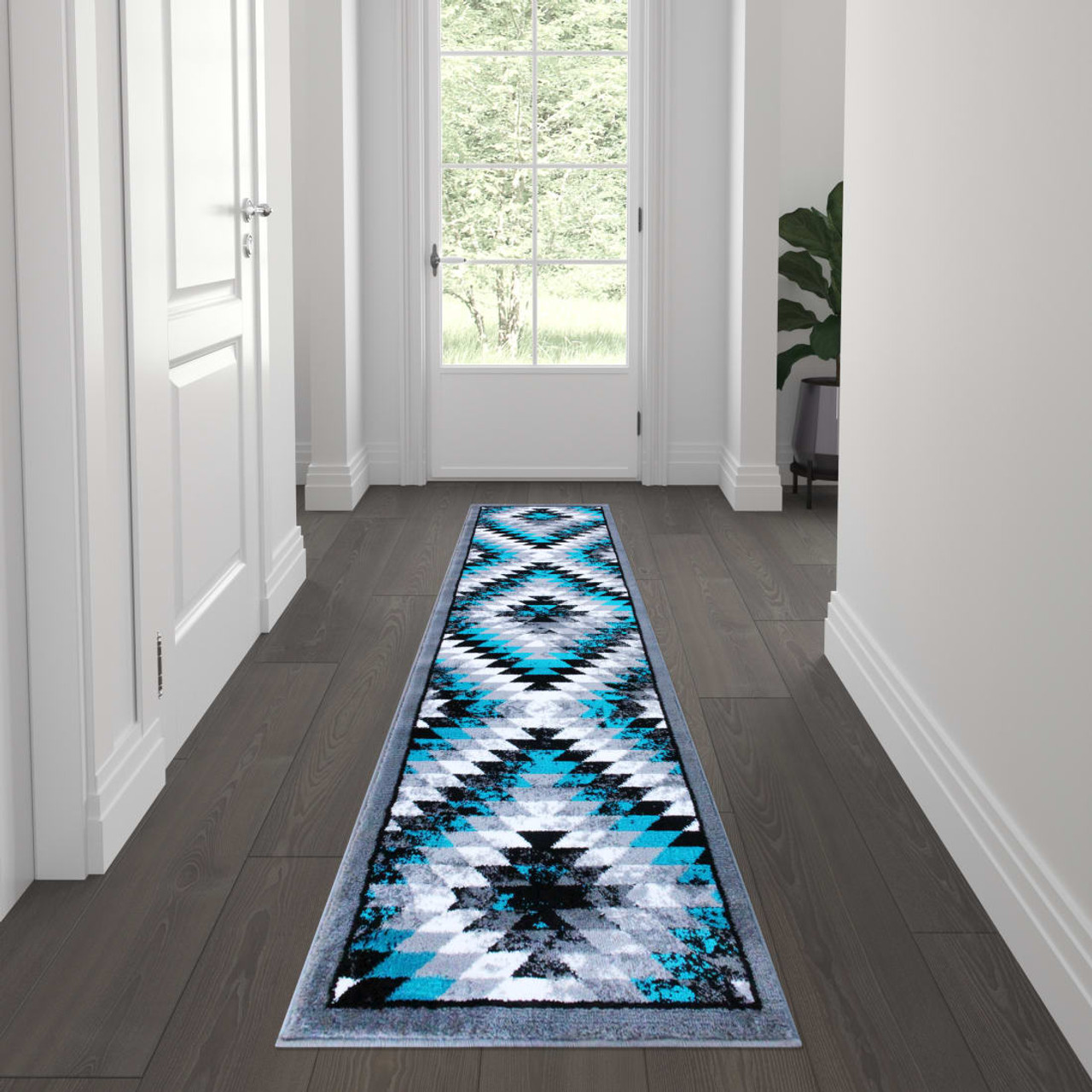 Teagan Collection Southwestern 2' x 7' Turquoise Area Rug - Olefin Rug with Jute Backing