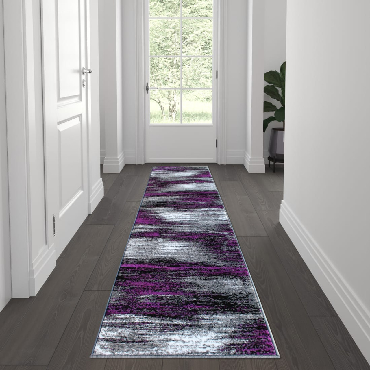 Rylan Collection 2' x 7' Purple Abstract Area Rug - Olefin Rug with Jute Backing