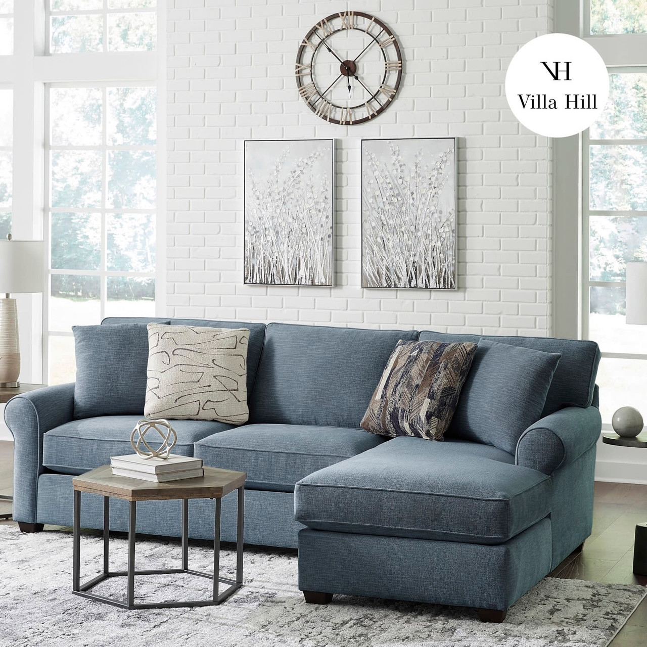 Crestview Rolled Arm Blue 2-pc sectional w/ right chaise