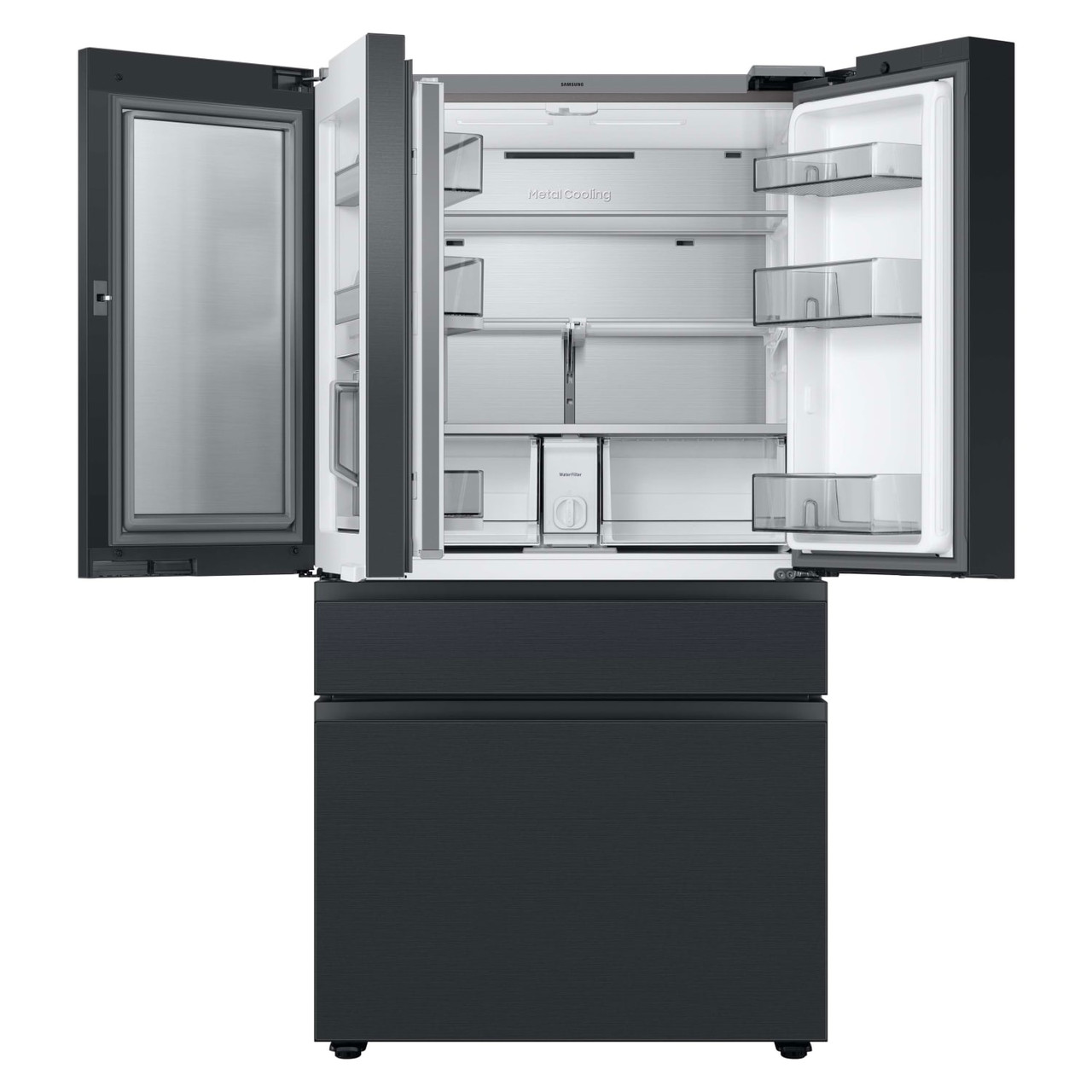 Samsung BESPOKE 23 cu. ft. Smart 4-Door French-Door Refrigerator, Family Hub and Top in Charcoal Glass, Middle and Bottom Panels in Matte Black Steel