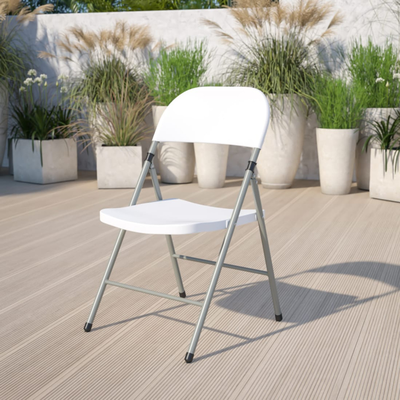 HERCULES White Plastic Folding Chair with Gray Frame