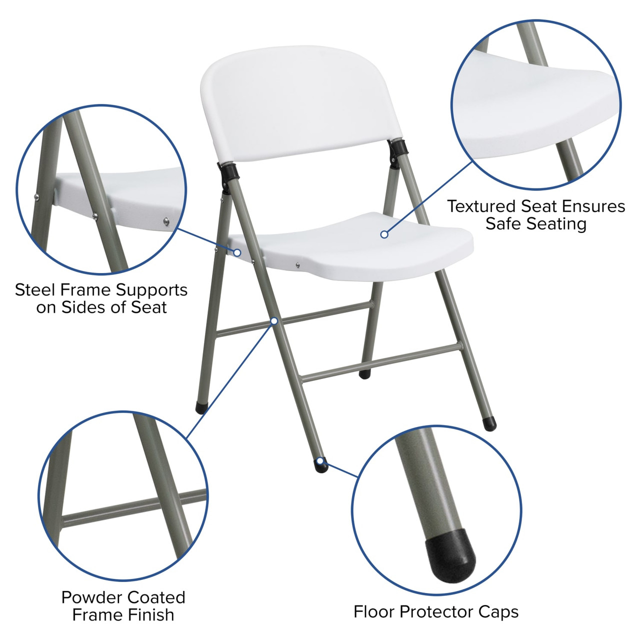 HERCULES White Plastic Folding Chair with Gray Frame