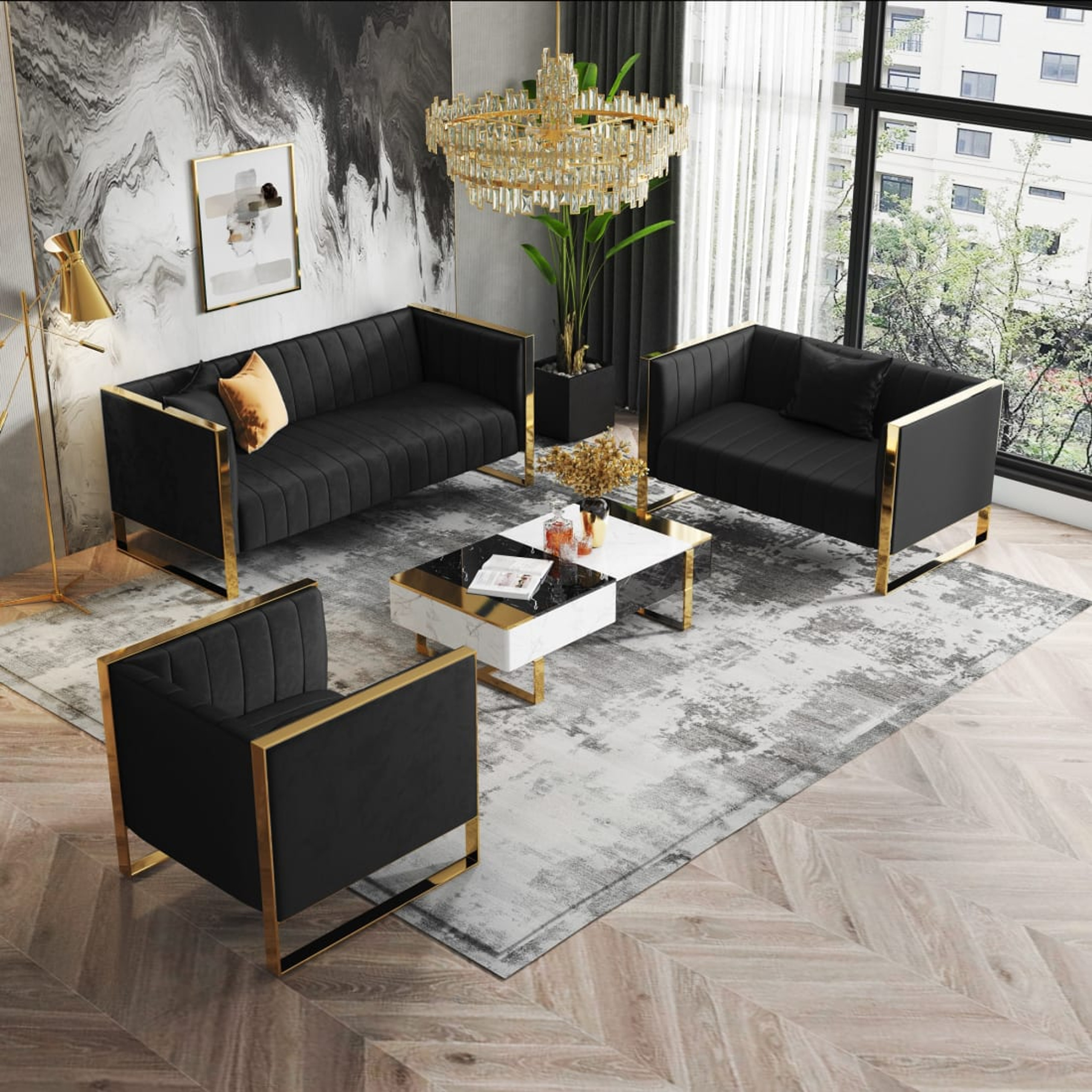 Buy Manhattan Comfort Trillium 3-Piece Black and Gold Sofa and Armchair ...