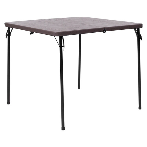 2.83-Foot Square Bi-Fold Brown Wood Grain Plastic Folding Table with Carrying Handle