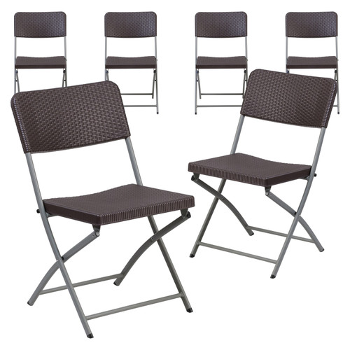 6 Pack HERCULES Series Brown Rattan Plastic Folding Chair with Gray Frame