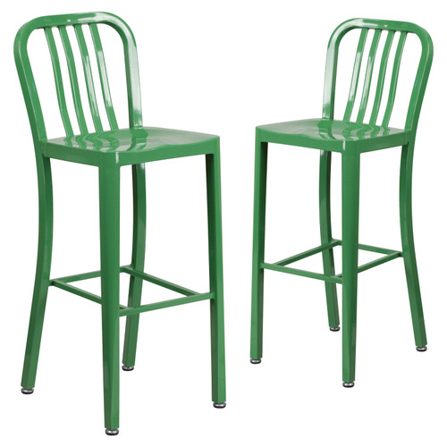 2 Pack 30" High Green Metal Indoor-Outdoor Barstool with Vertical Slat Back - 2 pack silo