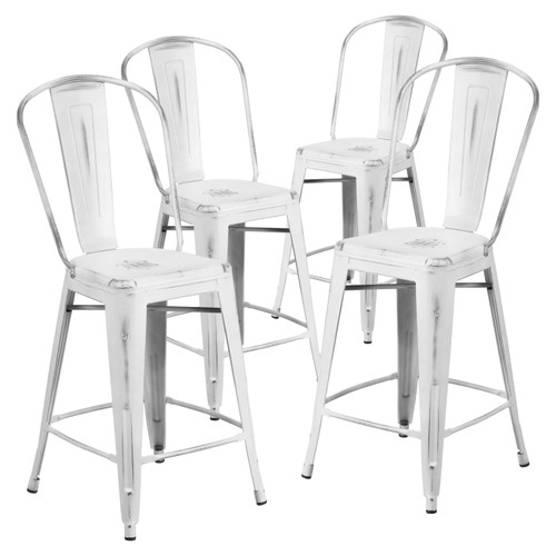 4 Pack 24" High Distressed White Metal Indoor-Outdoor Counter Height Stool with Back - 4pk silo