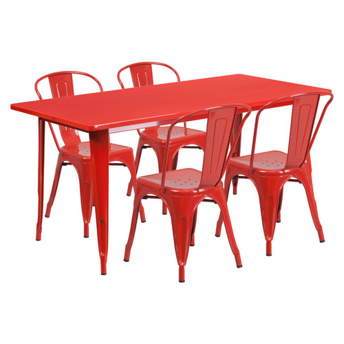 Commercial Grade 31.5" x 63" Rectangular Red Metal Indoor-Outdoor Table Set with 4 Stack Chairs