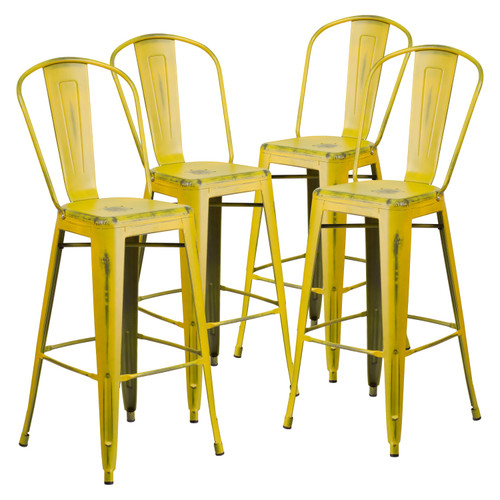 4 Pack 30" High Distressed Yellow Metal Indoor-Outdoor Barstool with Back - Pack silo