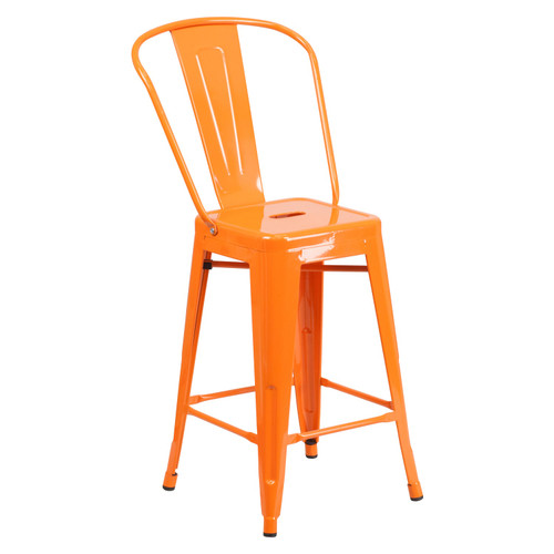 24" High Orange Metal Indoor-Outdoor Counter Height Stool with Removable Back - Angled silo