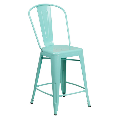 24" High Mint Green Metal Indoor-Outdoor Counter Height Stool with Back - Silo Angled View