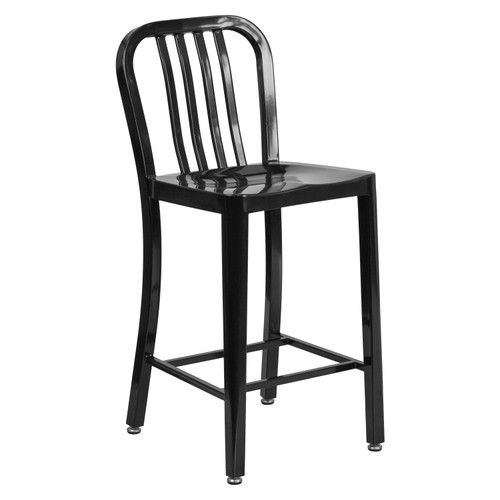 24" High Black Metal Indoor-Outdoor Counter Height Stool with Vertical Slat Back - Silo Angled View