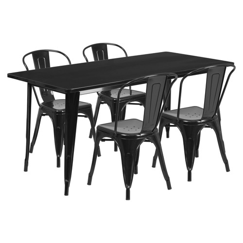 Commercial Grade 31.5" x 63" Rectangular Black Metal Indoor-Outdoor Table Set with 4 Stack Chairs