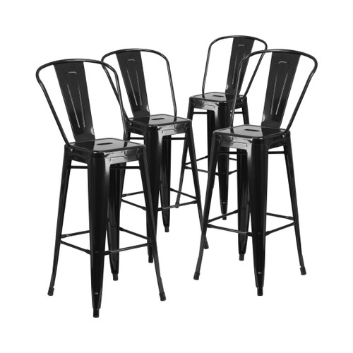 Commercial Grade 4 Pack 30" High Black Metal Indoor-Outdoor Barstool with Removable Back