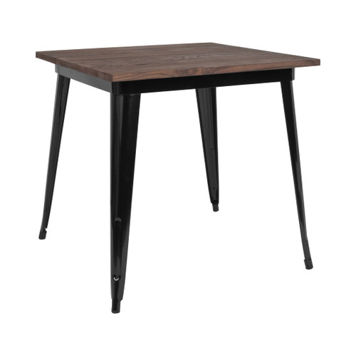 32" Square Black Metal Indoor Table with Walnut Rustic Wood Top