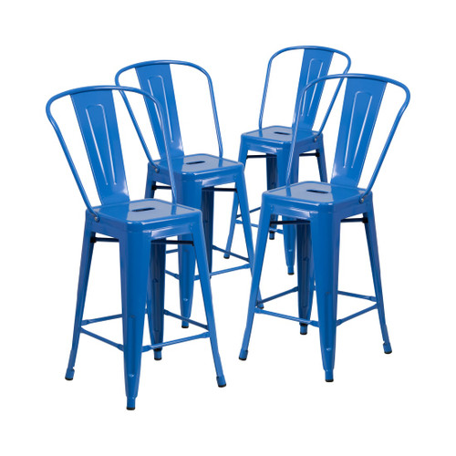 Commercial Grade 4 Pack 24" High Blue Metal Indoor-Outdoor Counter Height Stool with Removable Back