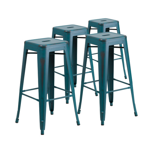 Commercial Grade 4 Pack 30" High Backless Distressed Kelly Blue-Teal Metal Indoor-Outdoor Barstool
