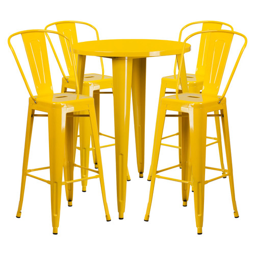 Commercial Grade 30" Round Yellow Metal Indoor-Outdoor Bar Table Set with 4 Cafe Stools