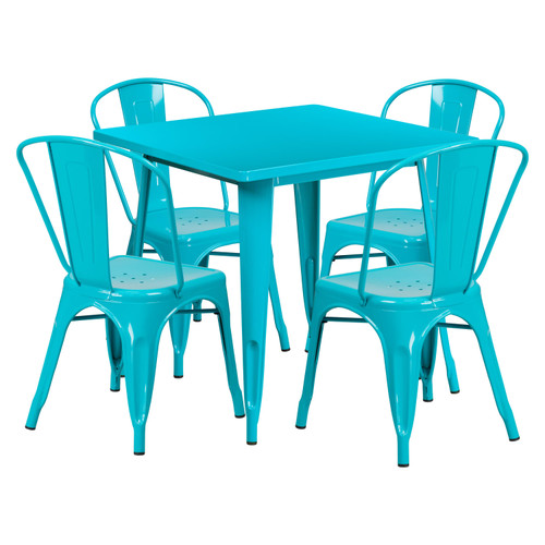 Commercial Grade 32" Square Crystal Teal-Blue Metal Indoor-Outdoor Table Set with 4 Stack Chairs