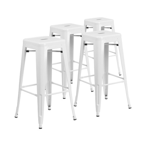 Commercial Grade 30" Backless White Metal Indoor-Outdoor Barstool with Square Seat, 4-Pack