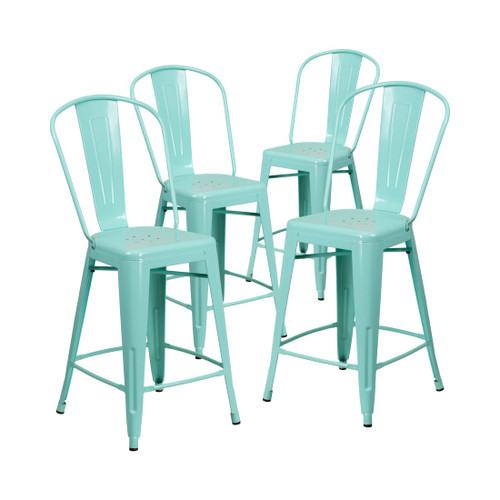 Commercial Grade 4 Pack 24" High Mint Green Metal Indoor-Outdoor Counter Height Stool with Back