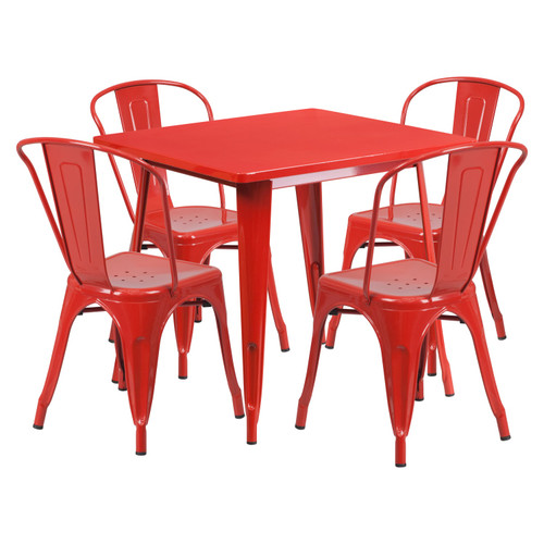 Commercial Grade 32" Square Red Metal Indoor-Outdoor Table Set with 4 Stack Chairs