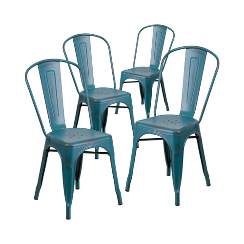 4 Pack Distressed Kelly Blue-Teal Metal Indoor-Outdoor Stackable Chair