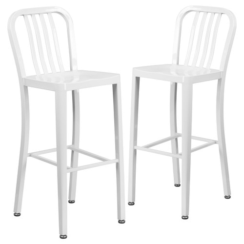 2 Pack 30" High White Metal Indoor-Outdoor Barstool with Vertical Slat Back -  Front Facing Pack Silo Image
