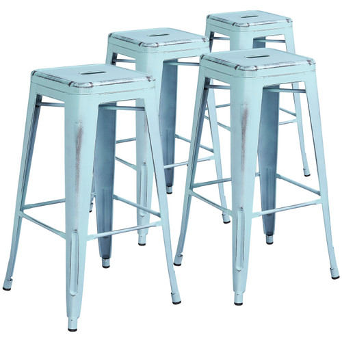 4 Pack 30" High Backless Distressed Green-Blue Metal Indoor-Outdoor Barstool - Front Facing Pack Image