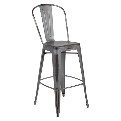 30" High Distressed Silver Gray Metal Indoor-Outdoor Barstool with Back -  Angled Front Facing Silo Image