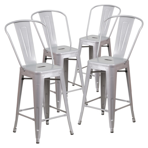4 Pack 24" High Silver Metal Indoor-Outdoor Counter Height Stool with Removable Back -  Front Facing Pack Silo Image
