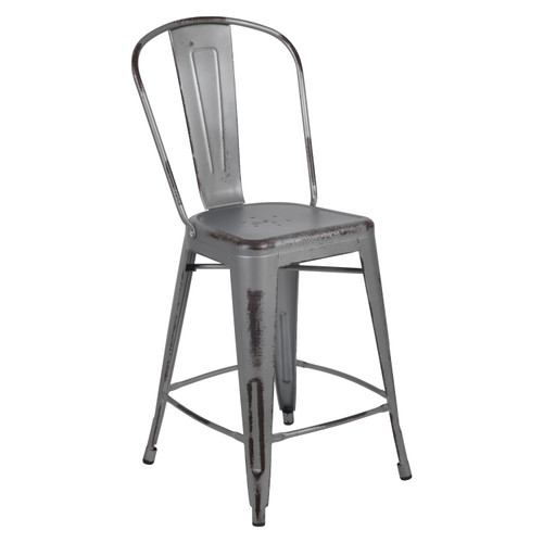 24" High Distressed Silver Gray Metal Indoor-Outdoor Counter Height Stool with Back - Angled Front Facing Silo Image