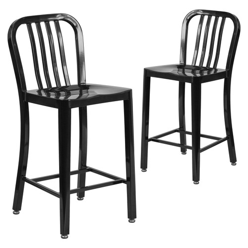 2 Pack 24” High Black Metal Indoor-Outdoor Counter Height Stool with Vertical Slat Back