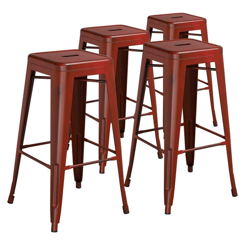 4 Pack 30" High Backless Distressed Kelly Red Metal Indoor-Outdoor Barstool -  Front Facing Silo Image