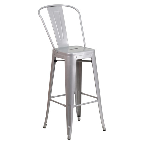 30" High Silver Metal Indoor-Outdoor Barstool with Removable Back -  Angled Front Facing Silo