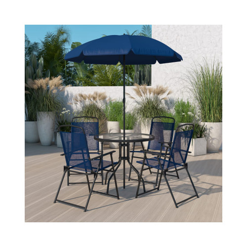 Nantucket 6 Piece Navy Patio Garden Set with Umbrella Table and Set of 4 Folding Chairs