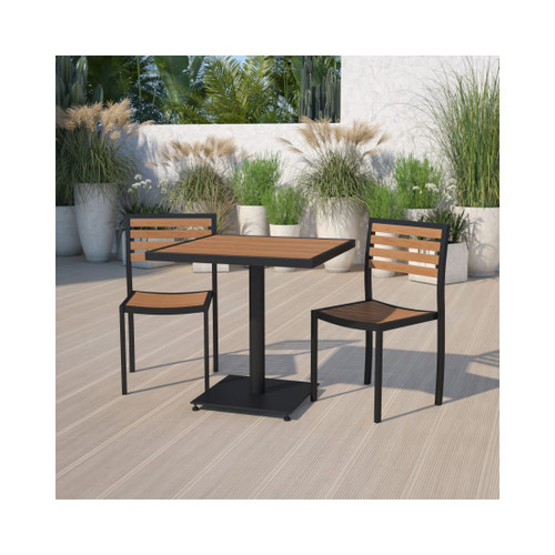 Outdoor Patio Bistro Dining Table Set with 2 Chairs and Faux Teak Poly Slats