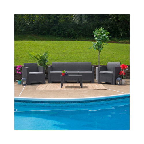 Dark Gray Faux Rattan Sofa with All Weather Light Gray Cushions