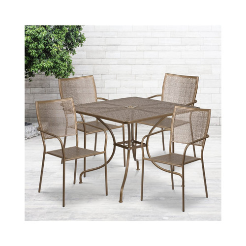 Commercial Grade 35.5" Square Gold Indoor Outdoor Steel Patio Table Set with 4 Square Back Chairs