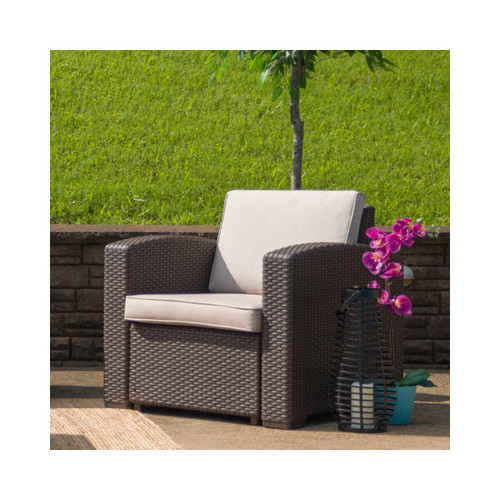 Chocolate Brown Faux Rattan Chair with All Weather Beige Cushion