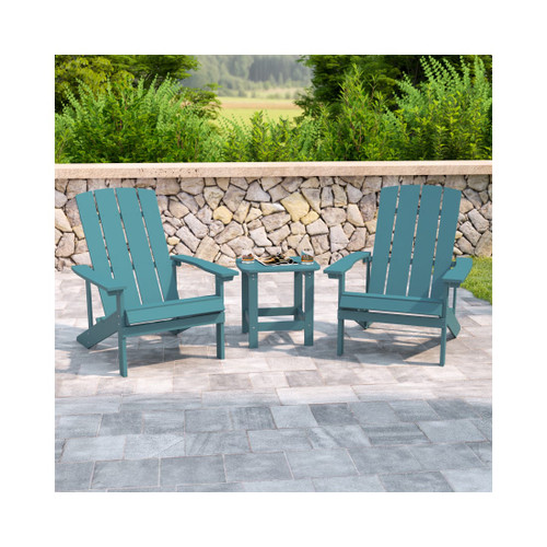 2 Pack Charlestown All Weather Poly Resin Wood Adirondack Chairs with Side Table in Sea Foam
