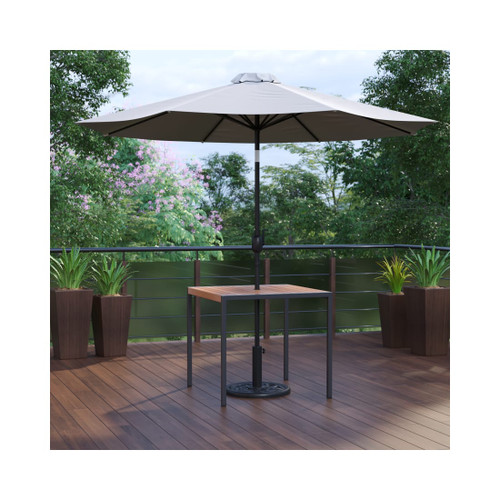 3 Piece Outdoor Patio Table Set 35" Square Synthetic Teak Patio Table with Gray Umbrella and Base
