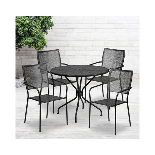 Commercial Grade 35.25" Round Black Indoor Outdoor Steel Patio Table Set with 4 Square Back Chairs
