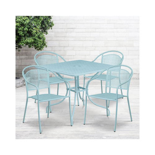 Commercial Grade 35.5" Square Sky Blue Indoor Outdoor Steel Patio Table Set with 4 Round Back Chairs