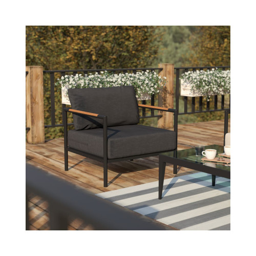 Indoor/Outdoor Patio Chair with Cushions Modern Aluminum Framed Chair with Teak Accented Arms Black with Charcoal Cushions
